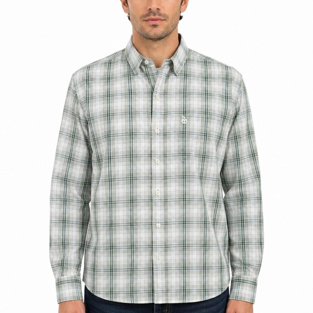 Timberland Men's L Long Sleeve Green Tartan Plaid and Checks Shirt Pocket Logo